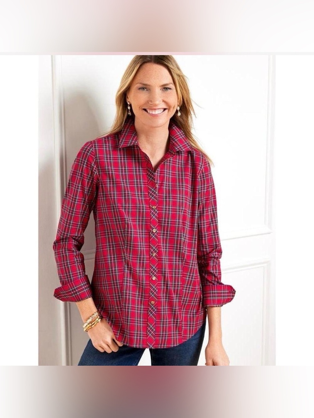 Talbots Non-Iron Red Metallic Plaid Full Button Down Blouse Size 18W Holiday